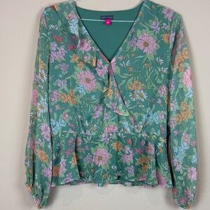 Vince Camuto Verona Garden Ruffled Peplum Floral V-Neck Pullover Blouse; Size L